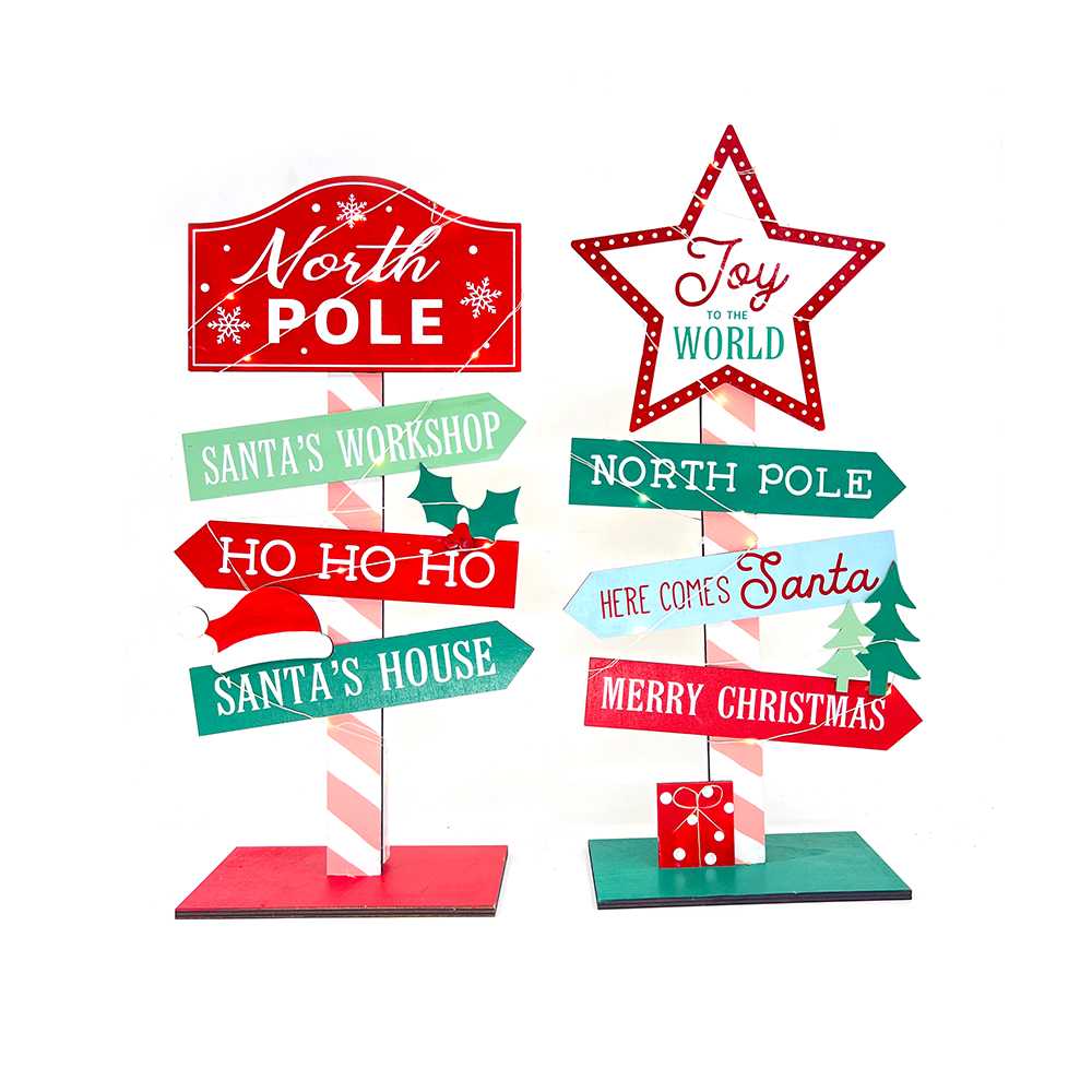 Wood Christmas Signpost Table Decoration With Lights